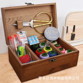 厂家批发家用古风实木大号针线盒套装多功能十字绣工具整理收纳盒