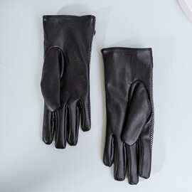 跨境女冬新款触屏手套加厚保暖仿羊毛呢皮质手套女防风骑车手套