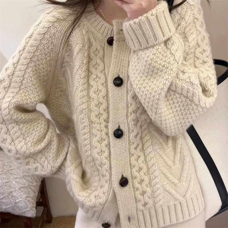 Retro Hong Kong Style Cable Round Neck Sweater Jacket for Women Warm 100% Pure Wool Autumn and Winter Lazy Slimming Look Cardigan Top