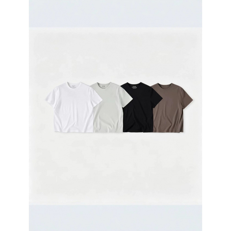 Summer Solid Color Regular Shoulder Short-Sleeve T-Shirt, Simple Round Neck, Unisex, Loose Fit, Versatile, Casual, High-End, Half-Sleeve with Raw Edge Collar