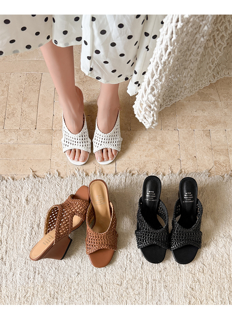 Sandal cao gót nữ hở mũi đan lát phong cách thiết kế độc đáo, gót nêm 9 cm — màu nâu, màu đen, màu trắng chi tiết 19