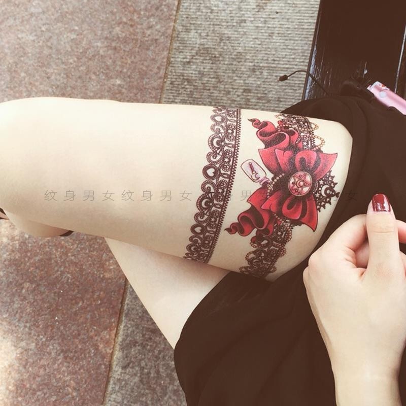 Sexy Thigh Black Lace Tattoo Sticker Waterproof Female Long-Lasting Artificial Korean Cute Bow Leg Ring Arm