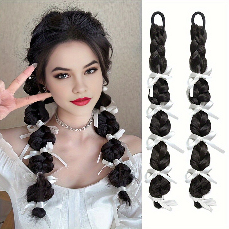 Wig Braids for Girls, Sweet and Cool Ballet Girl Style, Ribbon Bubble Braids, Double Ponytails, Boxing Lantern Braids, High-End Feel