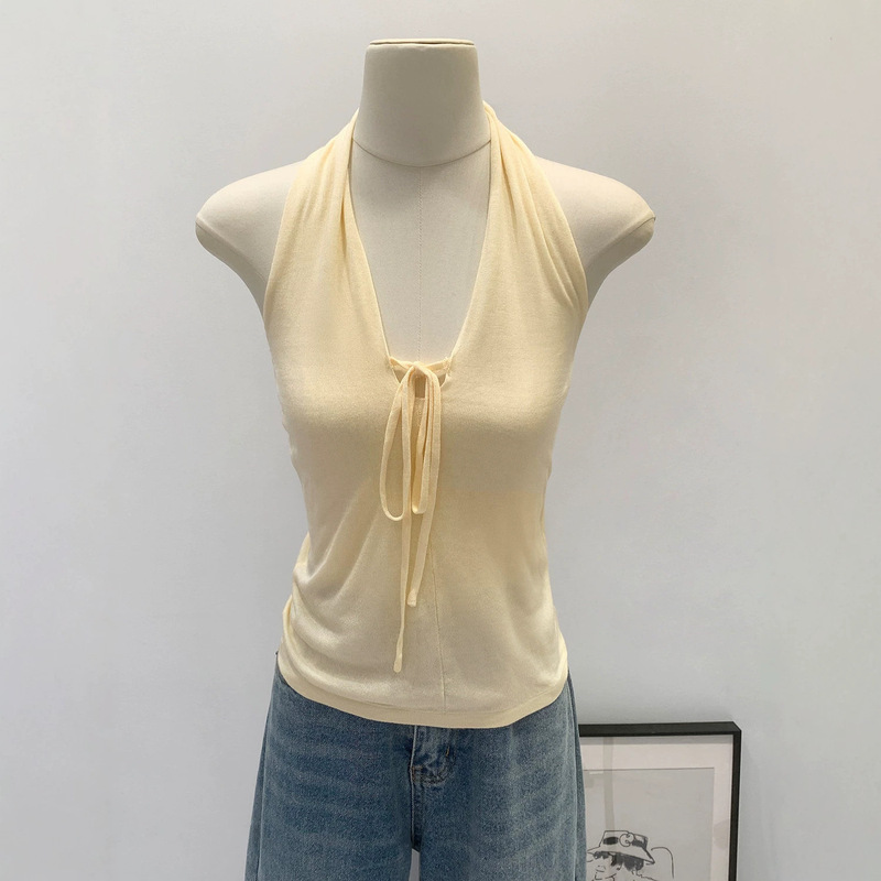 Stylish and Alluring V-Neck Tie Halter Top for Women, 2026 Summer New Korean Style Beautiful Backless Sleeveless Top Stylish and Alluring V-Neck Tie Halter Top for Women, 2026 Summer New Korean Style Beautiful Backless Sleeveless Top