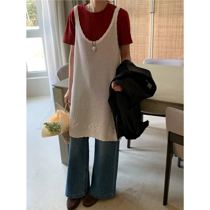 Миниатюрное вязаное многослойное платье-бретелька для женщин, весенне-летняя верхняя одежда средней длины, платье-жилет.