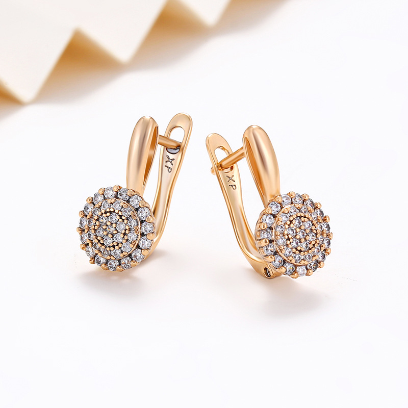 Pendientes Xuping de Amazon y AliExpress, elegantes y exquisitos pendientes de aleación de cobre con incrustaciones de circonita redonda en forma de T, venta al por mayor para mujeres