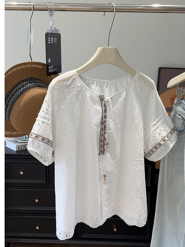 25夏デザインエスニック風刺繍レースアップタッセルペンダント半袖シャツレディースゆったりカバー万能トップス|undefined