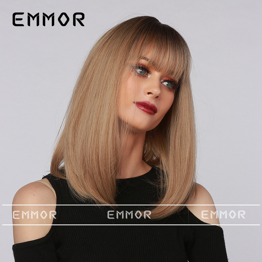 Comercio exterior transfronterizo Internet celebridad venta caliente Qi flequillo negro gradiente marrón medio largo pelo recto cabeza completa cubierta de la cabeza de estilo europeo y americano para las mujeres