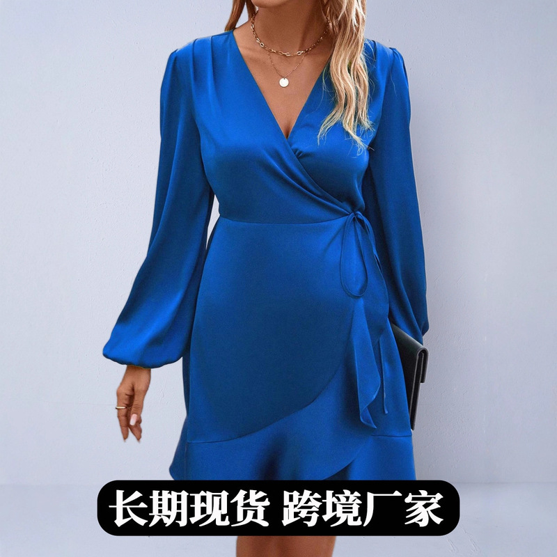 Foreign Trade European and American Women's Suit Imitation Silk Dress Autumn Satin V Neck Waist Low-Cut Mid-Length Skirt Style Skirt