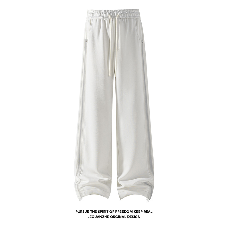 Black Curved Hem Air-layer Drawstring Sweatp For Men, Spring Cleanfit High Street Patchwork Striped Retro Wide-leg_voghion.com