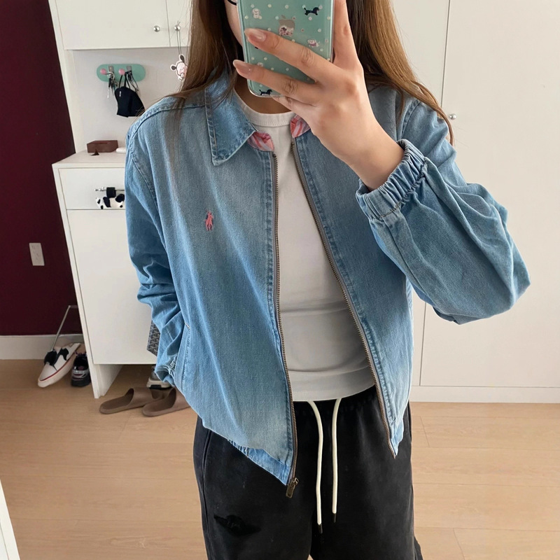 Cross-Border Export High-Quality Rl Raff Denim Blue Jacket Women's Pony Logo Embroidered Jacket Old Money Style Retro Short
