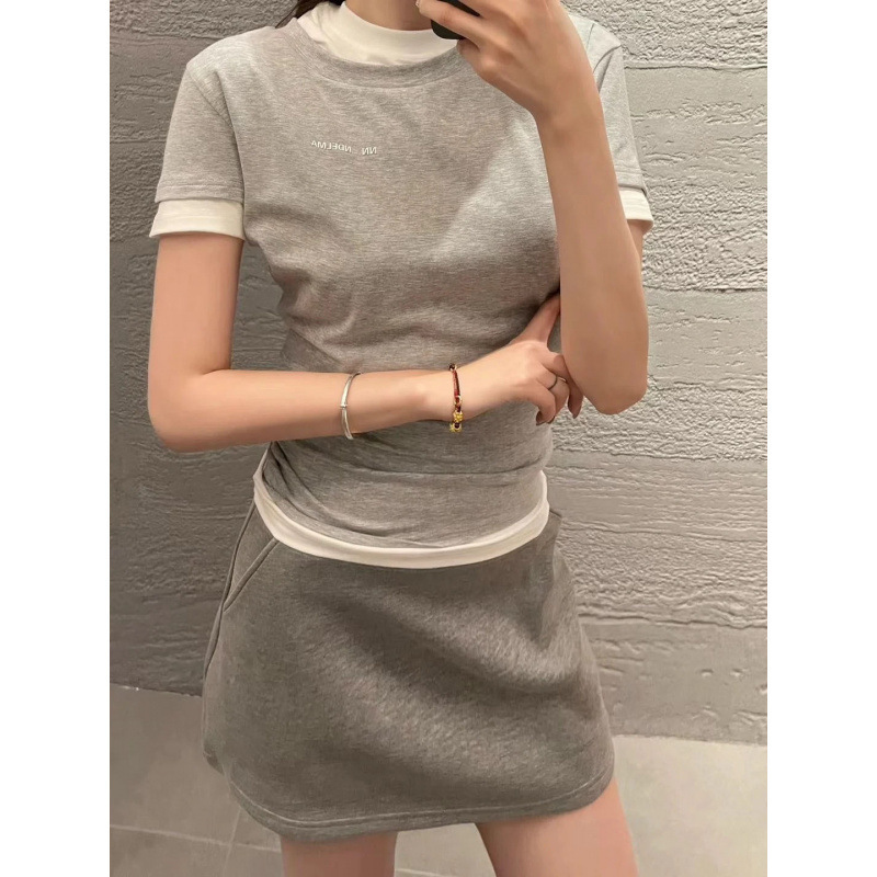 Correct Version 2025 Spring/Summer New Style Lettered Fake Two-Piece Double Collar Spliced Slim-Fit Short-Sleeve T-Shirt for Women
