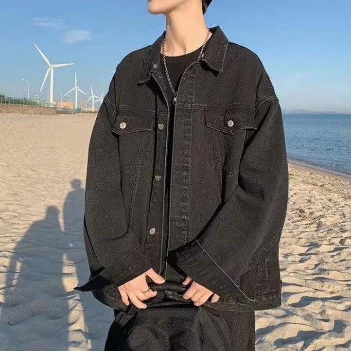 Men's Denim Jacket Trendy Loose Fit Spring Workwear Style_voghion.com
