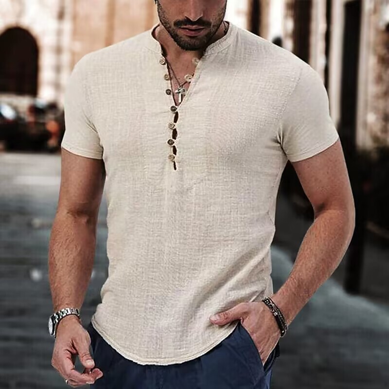 Men's Linen Casual Shirt Simple V-neck Summer Casual Clothing Men's Linen Casual Shirt Simple V-neck Summer Casual Clothing
