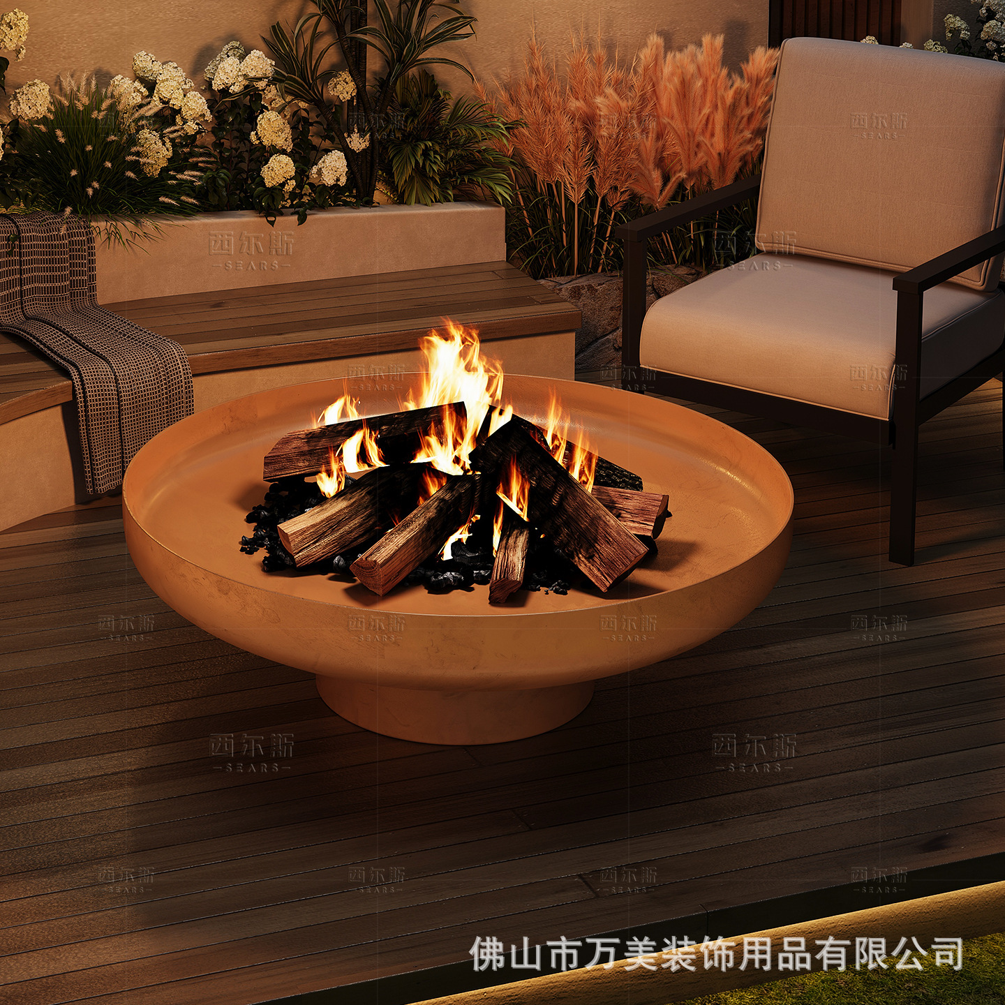 Low-profile, large circular fireplace with artistic design, featuring a glass guard and suitable for commercial spaces, offering a creative and visually appealing real-fire fireplace experience