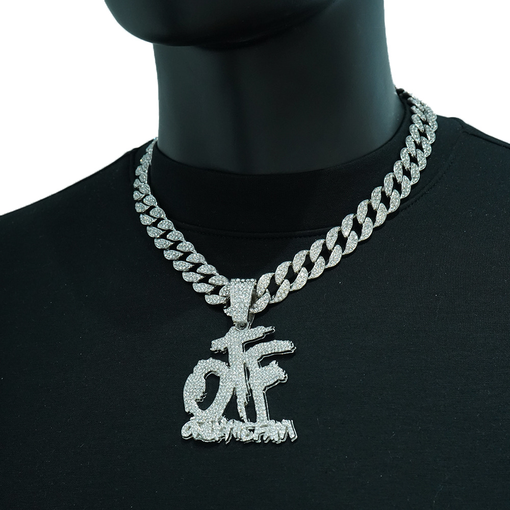 European and American Fashion English Letters Otf Full Diamond Pendant Ins Style Cuban Necklace Men's and Women's Hiphop Street Accessories