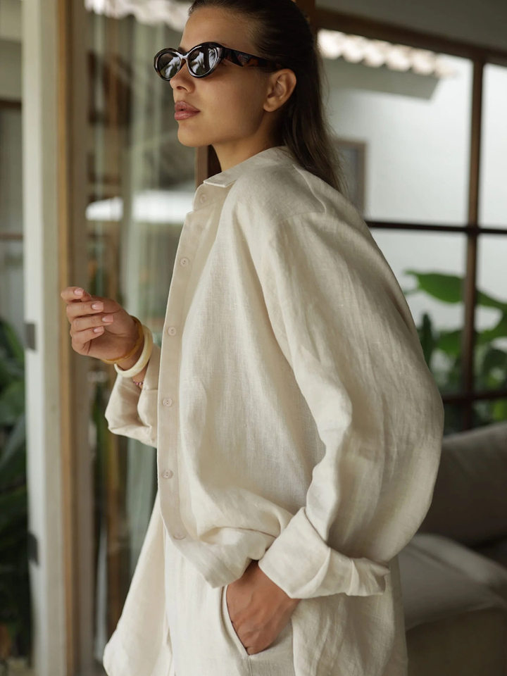 Bộ áo sơ mi dài tay rộng rãi kèm quần dài cotton phong cách thường ngày — Màu trắng nhạt, hồng, màu cà phê, màu trắng chi tiết 43