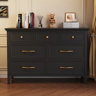 Retro Style Solid Wood Chest of Drawers Living Room Bedroom Six-Drawer Storage Sideboard Black Bedside Storage Simple Storage Cabinet