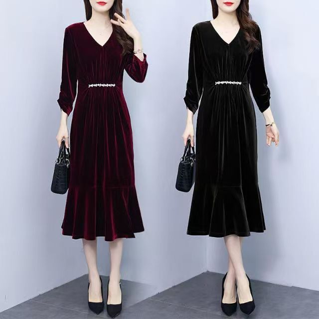 Spring and Autumn New Solid Color Velvet Mid-Length Over-The-Knee Dress Elegant Waist Slimming Mermaid Dress Spring and Autumn New Solid Color Velvet Mid-Length Over-The-Knee Dress Elegant Waist Slimming Mermaid Dress