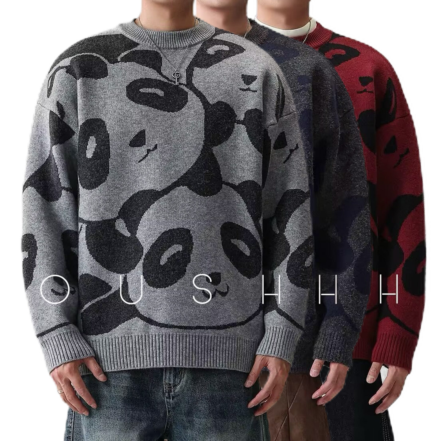 Explosiones transfronterizas de tamaño grande panda impresa Jacquard suéter de punto hombre con fábrica de suéter de otoño y invierno mayorista
