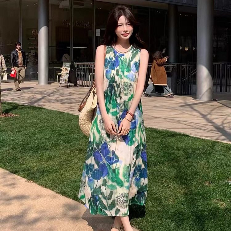 莫奈油画花园LC气质无袖压褶宽松遮肉夏日晕染苎麻连衣裙845