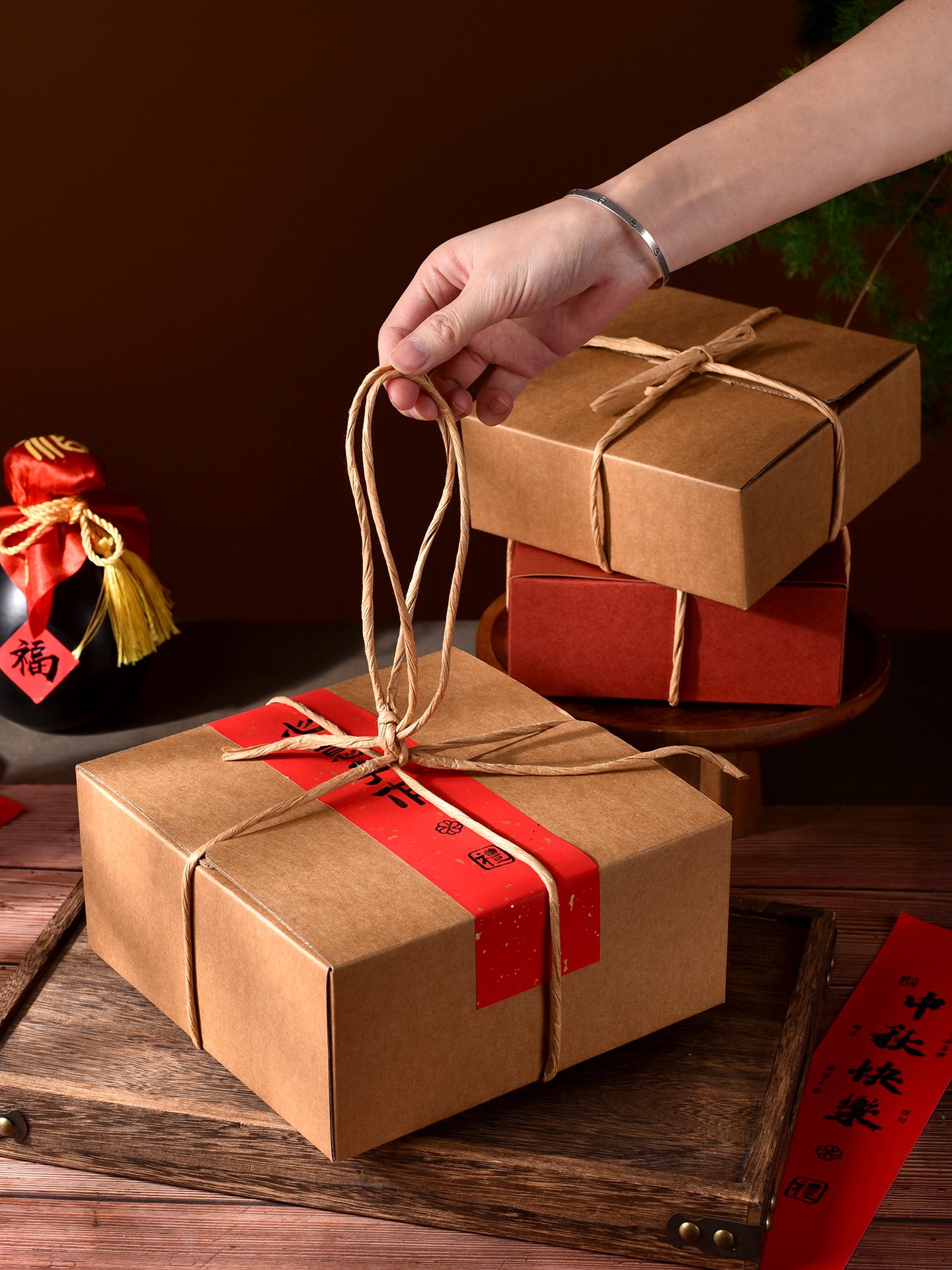 Caja de papel kraft tradicional china retro, caja de embalaje de pasteles de luna de mediados de otoño, pasteles a granel, 8 gránulos, caja de regalo vacía