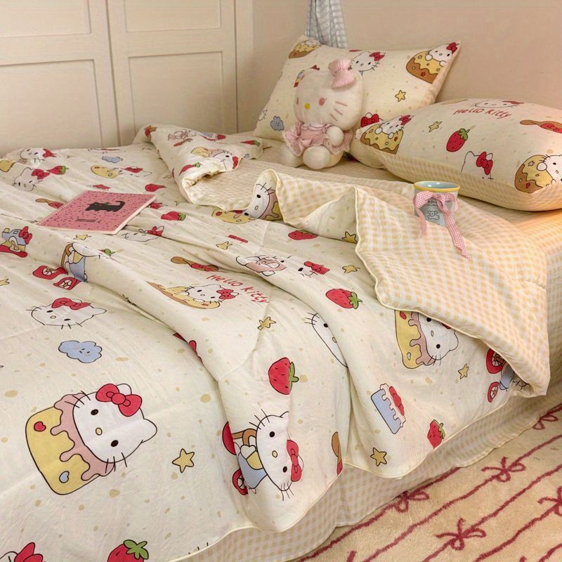 Cheese Cream Style A-Type Summer Quilt Four-Piece Set for Student Dormitory, Light and Thin Air-Conditioned Quilt, Cartoon Cute Quilt