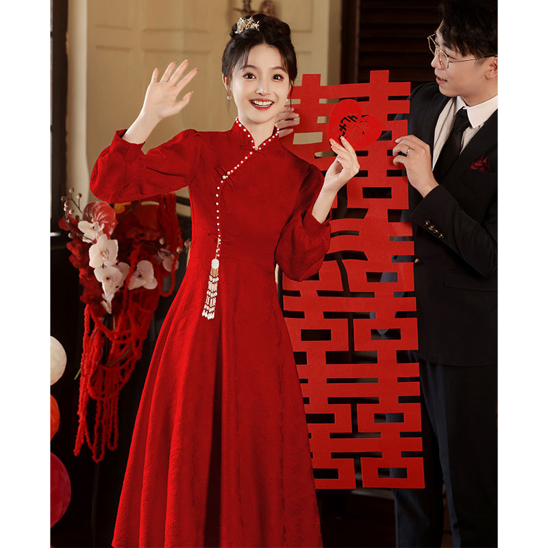 New Chinese-Style Cheongsam Toast Dress for Bride 2026 New Long-Sleeved Red Engagement Dress Homecoming Dress
