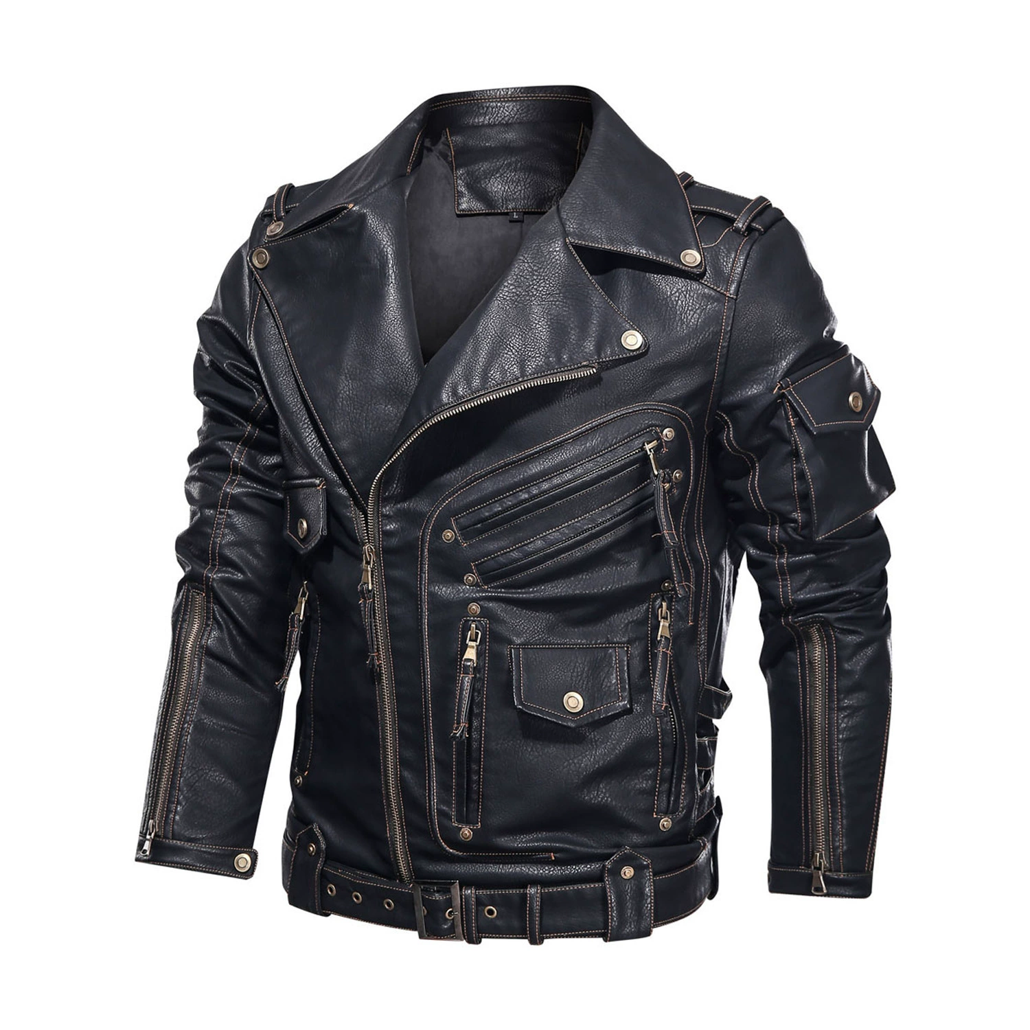 2025 new men's leather jacket European code motorcycle tough guy multi-pocket tough guy pu leather lapel leather spring and autumn clothes