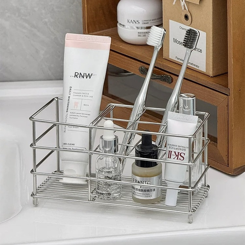 Ins bathroom toothbrush holder basket countertop draining shelf makeup basket stainless steel skin care product storage bathroom