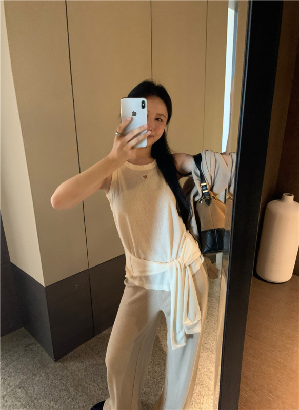 秋季套装女装爱心镂空绑带背心慵懒V领卫衣上衣直筒阔腿休闲裤子|undefined