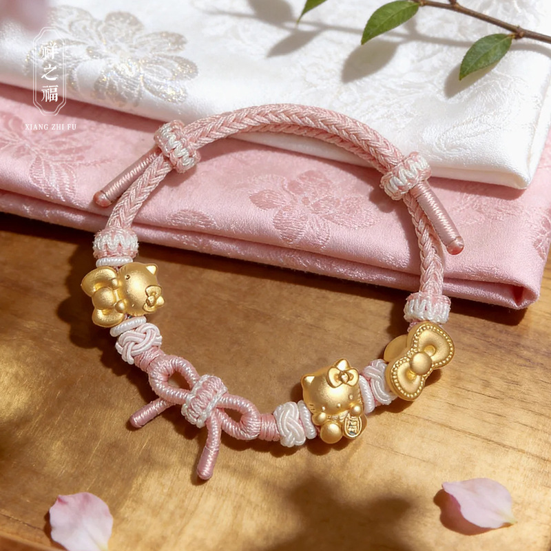 Sweet-style handmade braided cord bracelet with a bow, featuring beads and a lucky charm, adjustable for both women and men