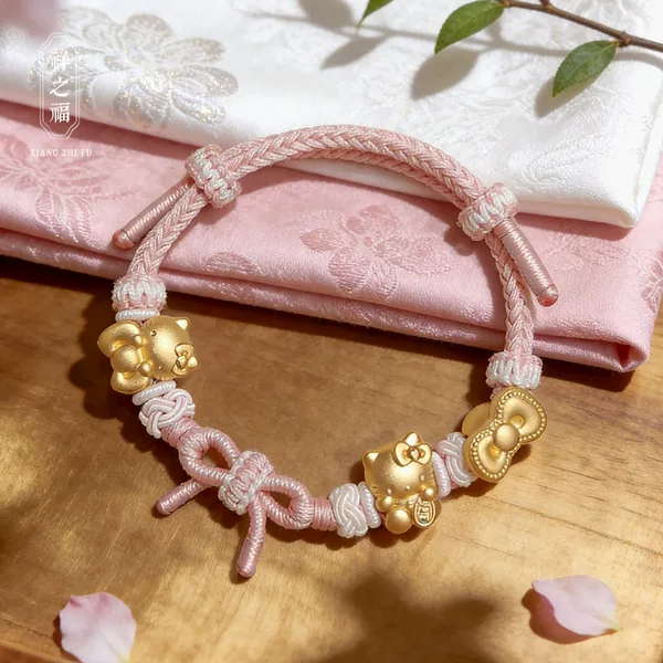 Sweet-style handmade braided cord bracelet with a bow, featuring beads and a lucky charm, adjustable for both women and men