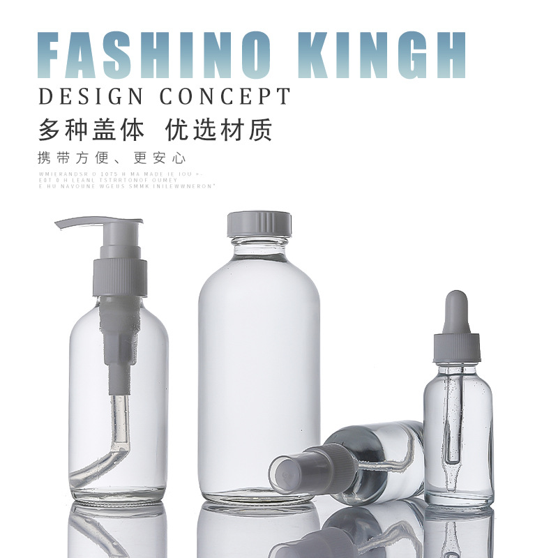 Botella de Boston transparente 500ml botella de aerosol de lavado de manos 15ml botella de vidrio engrosada 30ml loción botella de prensa de sub-embalaje