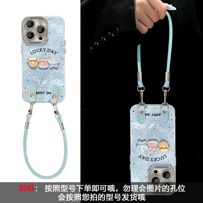 水玉クマウサギ人形 Apple 16 携帯電話ケース 13promax レザーストラップ 15 かわいい落下防止 14|undefined