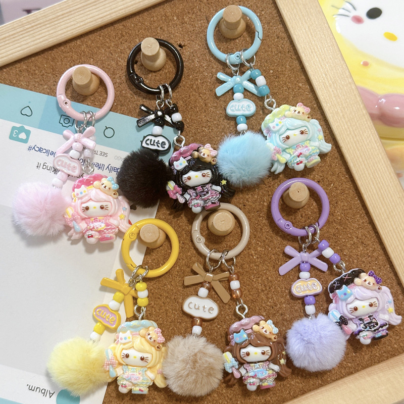 KT cat fur ball keychain, student cartoon girly charm for backpack, girly accessories, gift for best friends, wholesale