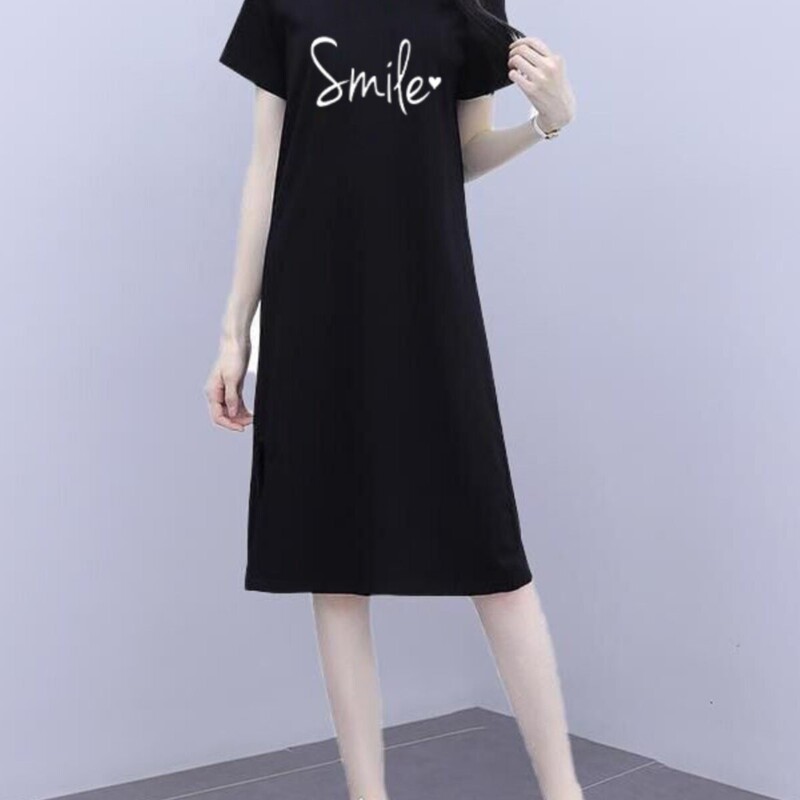 Elegant and Slimming Mid-Length Black Straight Casual Short-Sleeve T-Shirt Dress for Tall Women, Summer Elegant and Slimming Mid-Length Black Straight Casual Short-Sleeve T-Shirt Dress for Tall Women, Summer