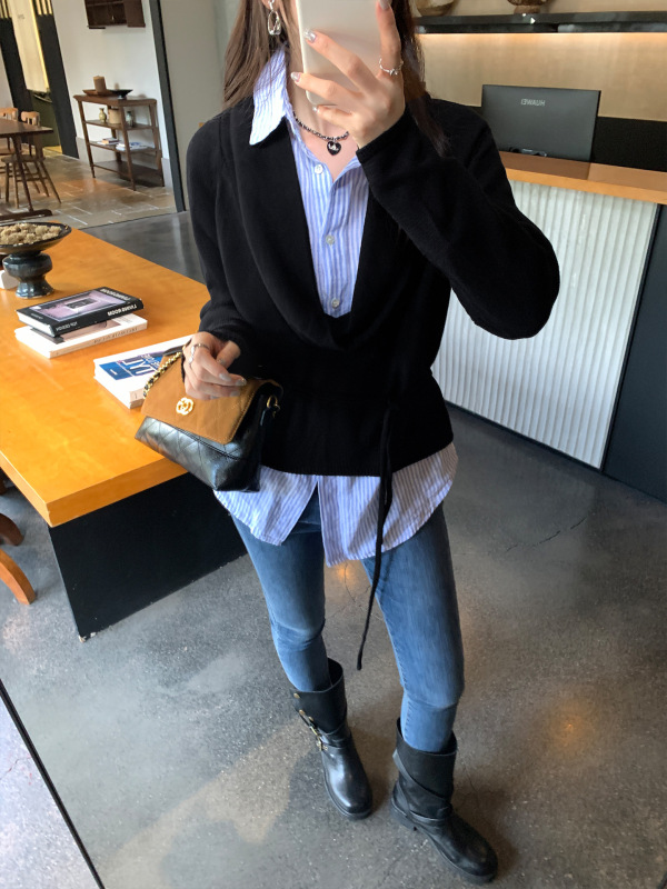 荡领宽松纯色绑带长袖针织衫女秋冬季新款休闲百搭套头外套上衣|undefined