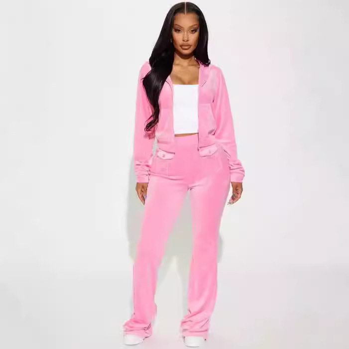 Women's Clothing fashion casual velvet trousers suit hooded two piece suit _voghion.com