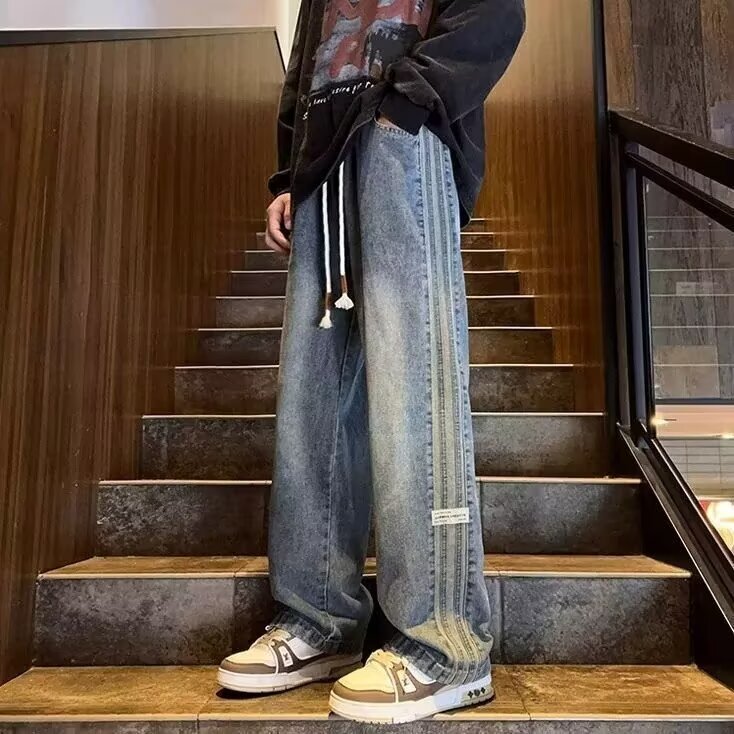 High-quality men's jeans for cross-border e-commerce, American high street style, side-striped wide-leg pants, loose and versatile straight-leg pants for teenagers High-quality men's jeans for cross-border e-commerce, American high street style, side-striped wide-leg pants, loose and versatile straight-leg pants for teenagers