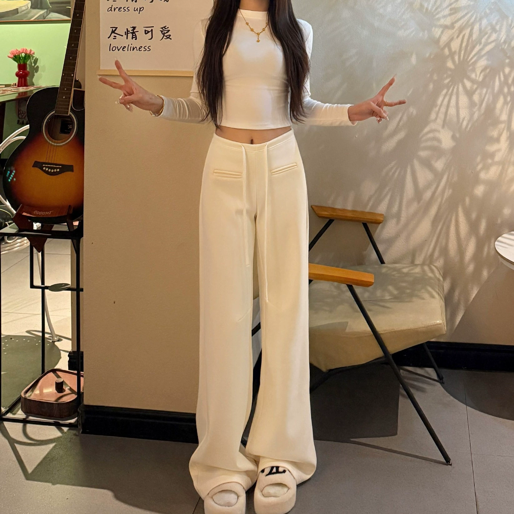 Осенние и зимние бархатные брюки женские дикие трикотажные широкие брюки средней талии простые однотонные повседневные брюки