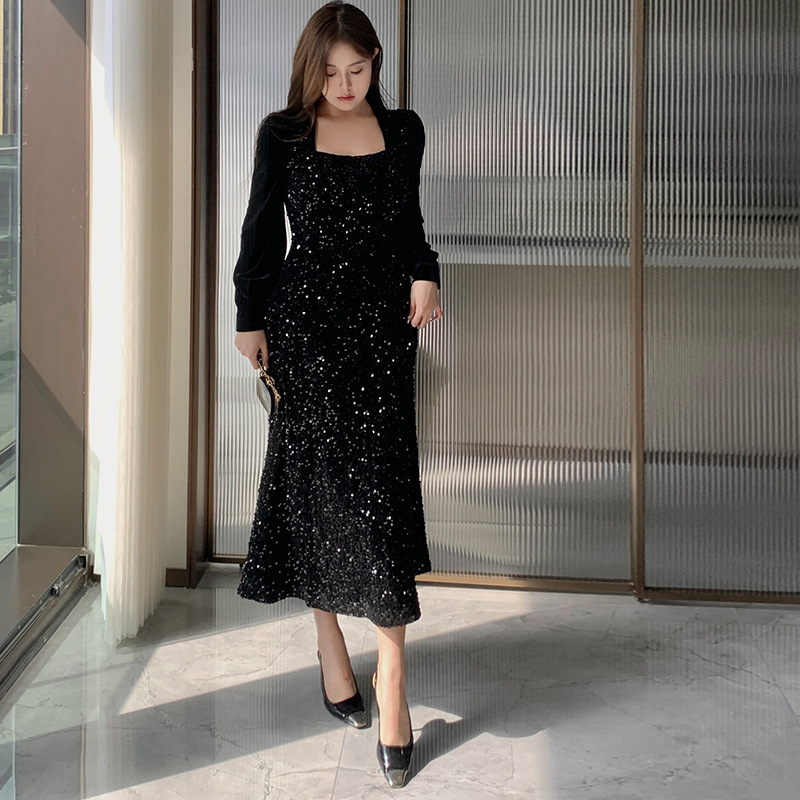 Plus size women's clothing chubby girl slimming dress elegant French sequined dress 200kg slimming fishtail dress 1701