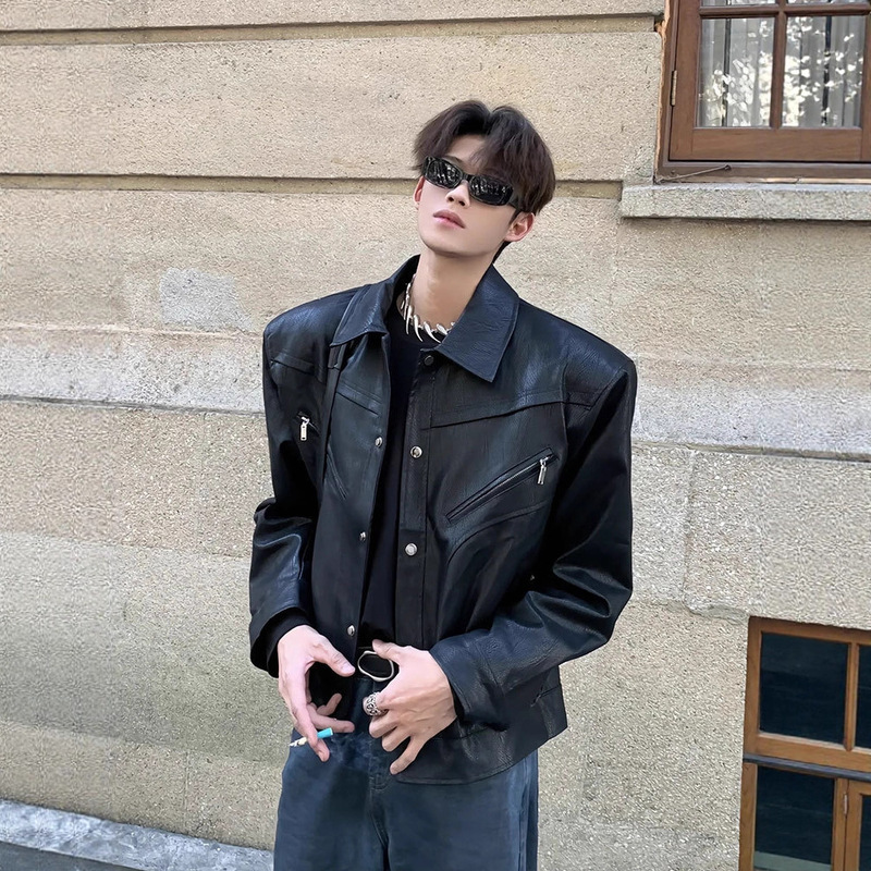 American-Style Short Leather Jacket for Men, Spring and Autumn Style, Hairstylist Men's Clothing, High-End, Cool Lapel Biker Jacket