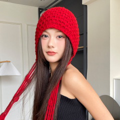 红色流苏毛线帽子秋冬女护耳套头帽新款时尚保暖加厚针织包头帽子