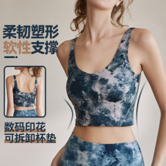跨境網紅印花帶胸墊運動內衣女防震聚攏美背文胸健身跑步瑜伽背心