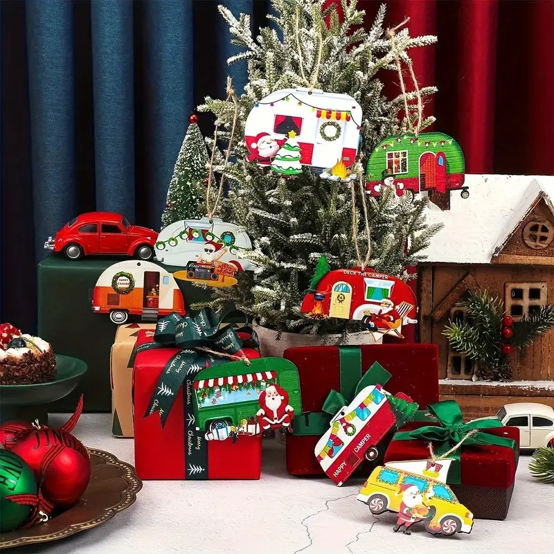 Decoraciones de Navidad feliz campista caravana árbol de Navidad de madera decoración Santa caravana remolque colgante