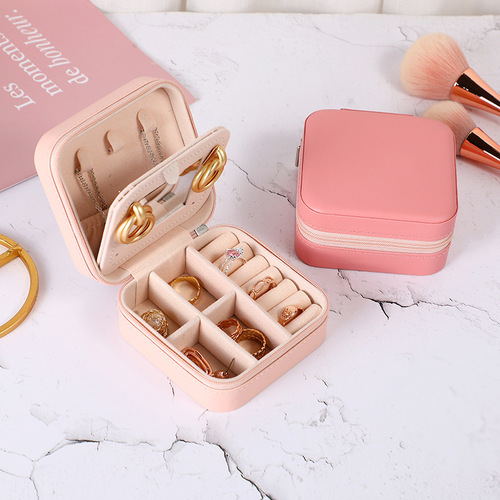 Jewelry Box Simple Mirror Style PU Accessory Box Travel Portable Earring Necklace Storage Box Wholesale