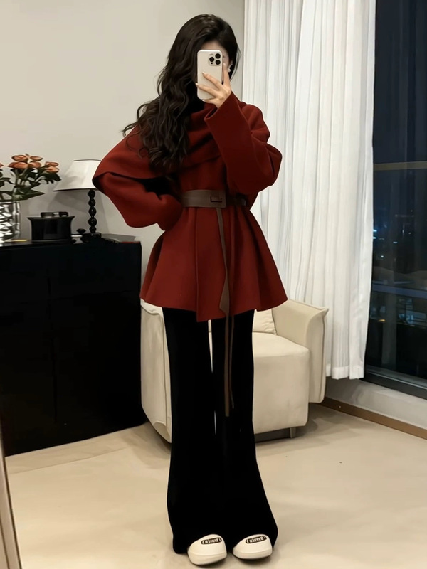 New Year's Outfit: Burgundy Cape Sweater Coat for Women, Chinese New Year Winter Korean Style Knitted Cardigan and Jeans Set