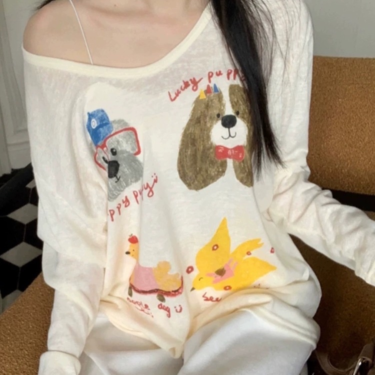 [오리지널 패브릭 자외선 차단 의류] 여름 여성을 위한 개 프린트 긴팔 티셔츠 자외선 차단 블라우스 얇고 게으른 스타일
