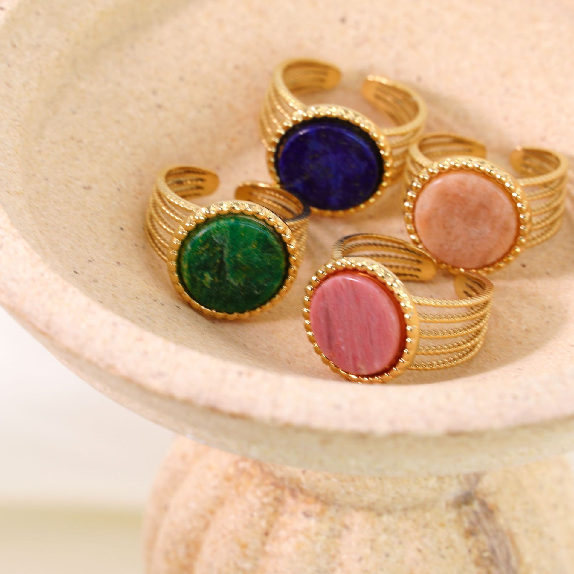 One Size Ring Size Retro French Style Geometric Titanium Steel Natural Stone Open Rings In Bulk